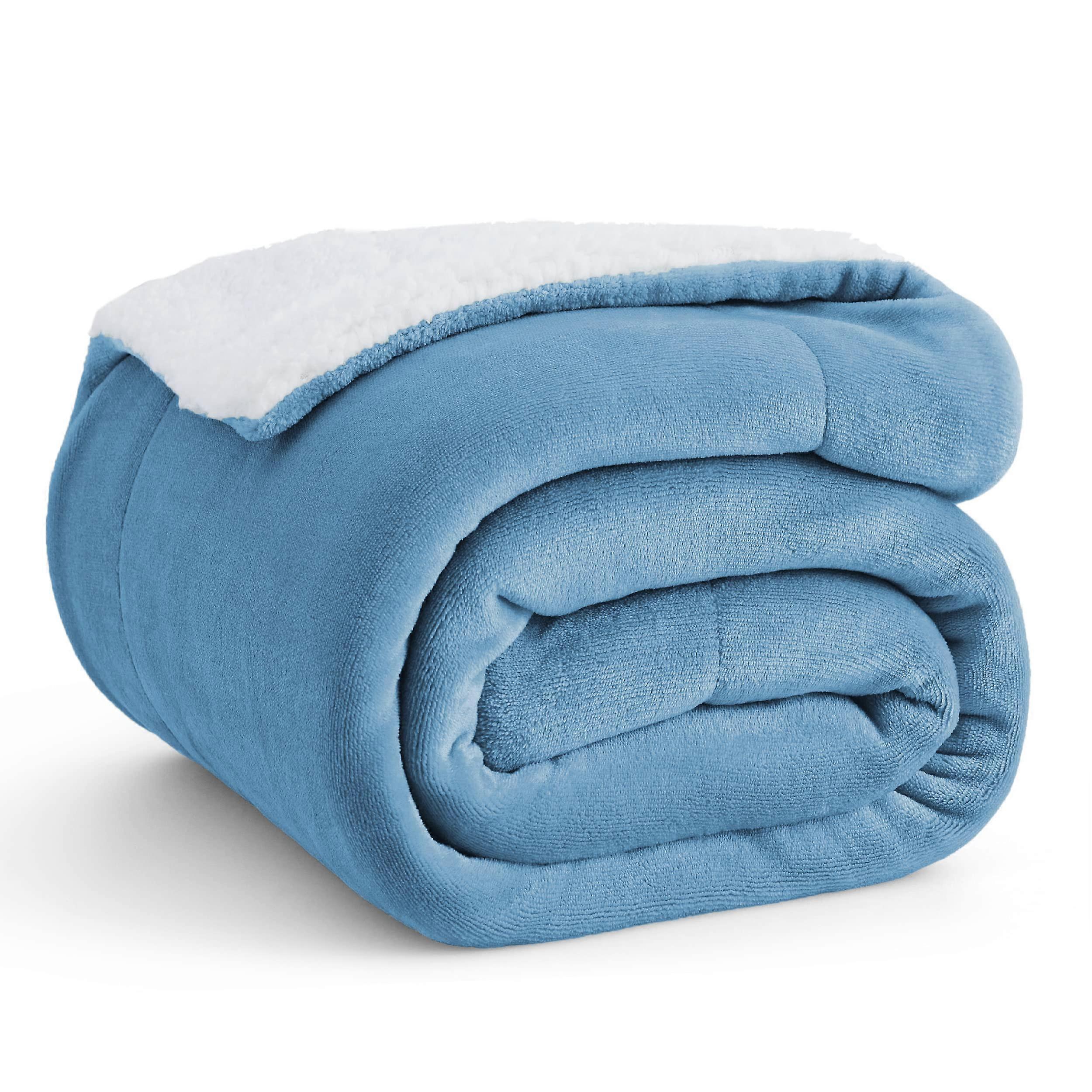 Sherpa Fleece Throw Blanket Model 08 Twin/Double 150x200 cm Washed Blue Microfiber Solid Color Thick and Warm