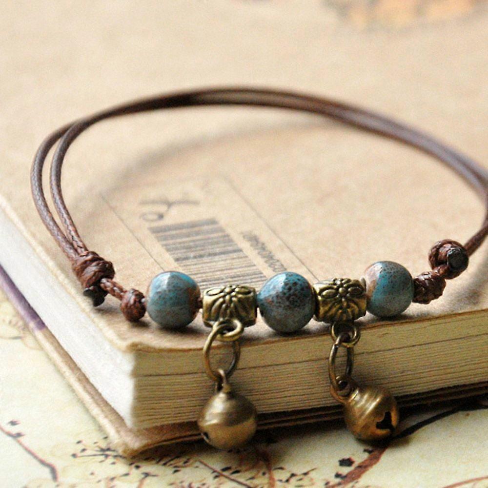 Beach Jewellery Jingdezhen National Wind Charm Retro Anklet Bracelet Ceramic Beads Weave Rope BLUE