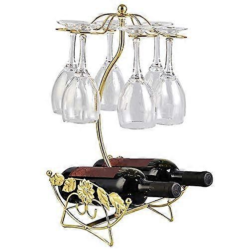 Wine Rack Iron Wire Maple Leaf Design, Golden Finish, Stemware Rack For Glasses And Wine Bottles, Standing