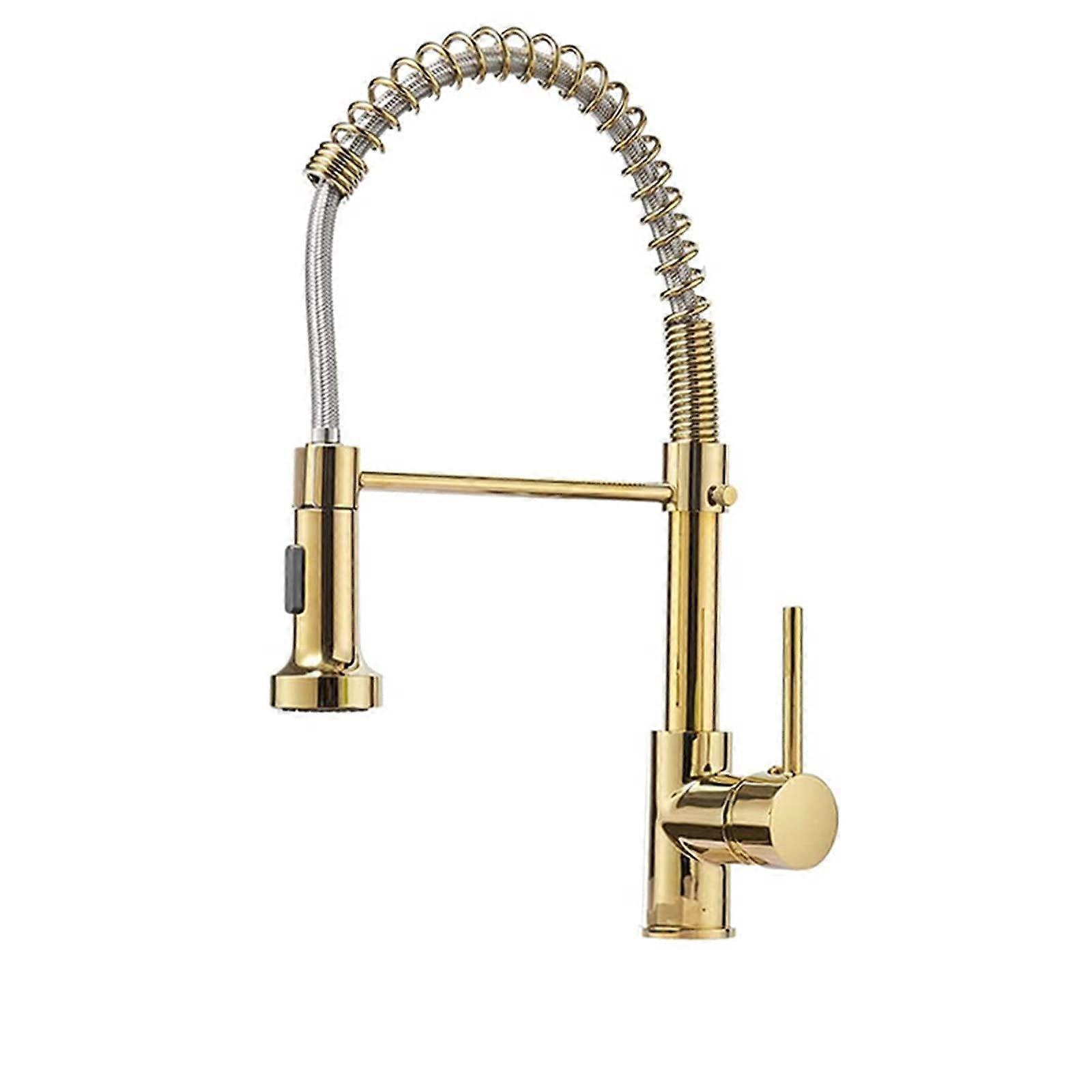 Kitchen Tap Brass 360Degree Rotation PullOut Sink Mixer With Spring Type, Adjustment Button At Nozzle, Gold Finish