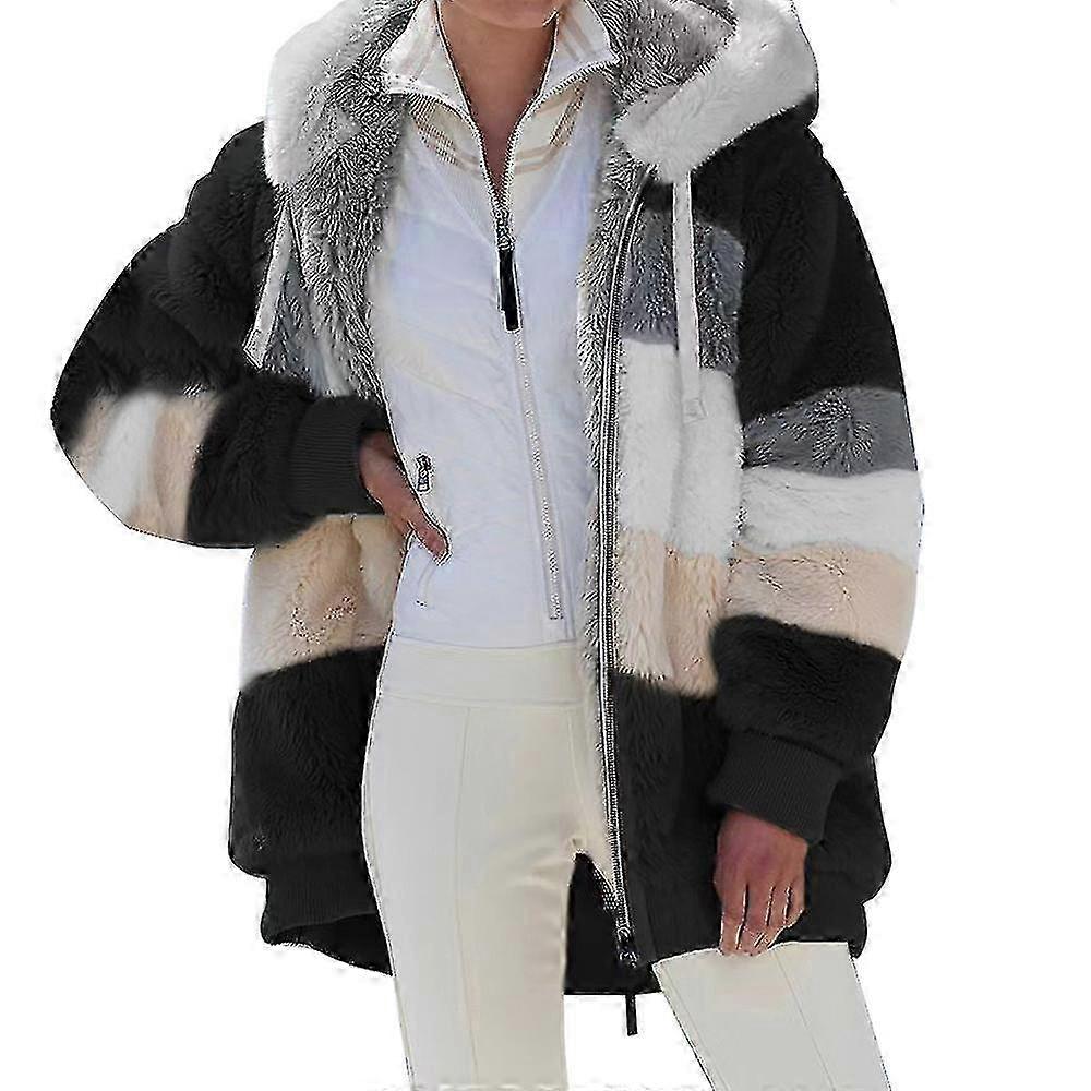 Fleece Winter Jacket for Women - Hooded Fluffy Sherpa Coat with Color Block Stitching Design