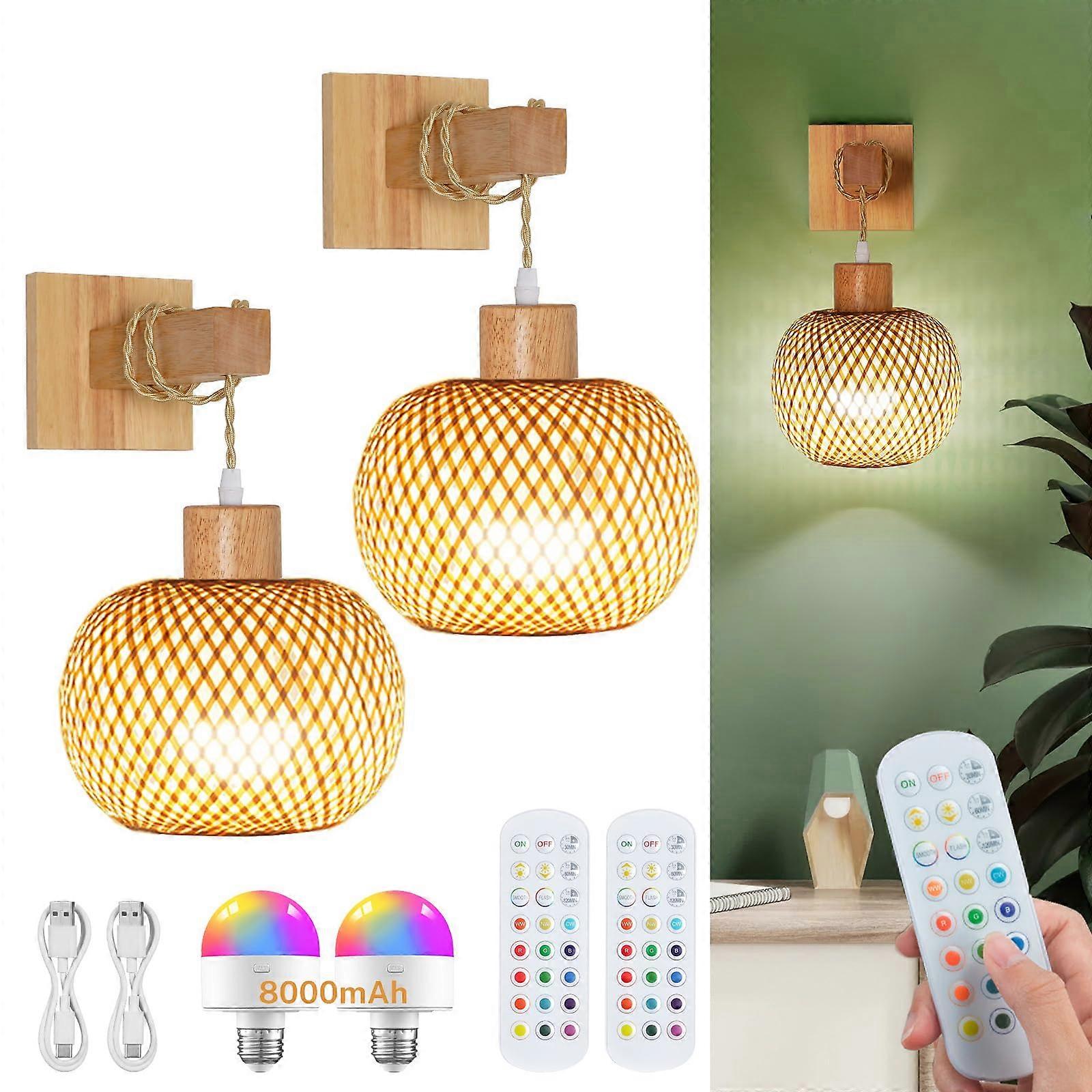 Battery Operated Bamboo Wall Sconce Set of 2 with Remote, Rechargeable LED Bulbs, Boho Rattan Lamp for Bedroom