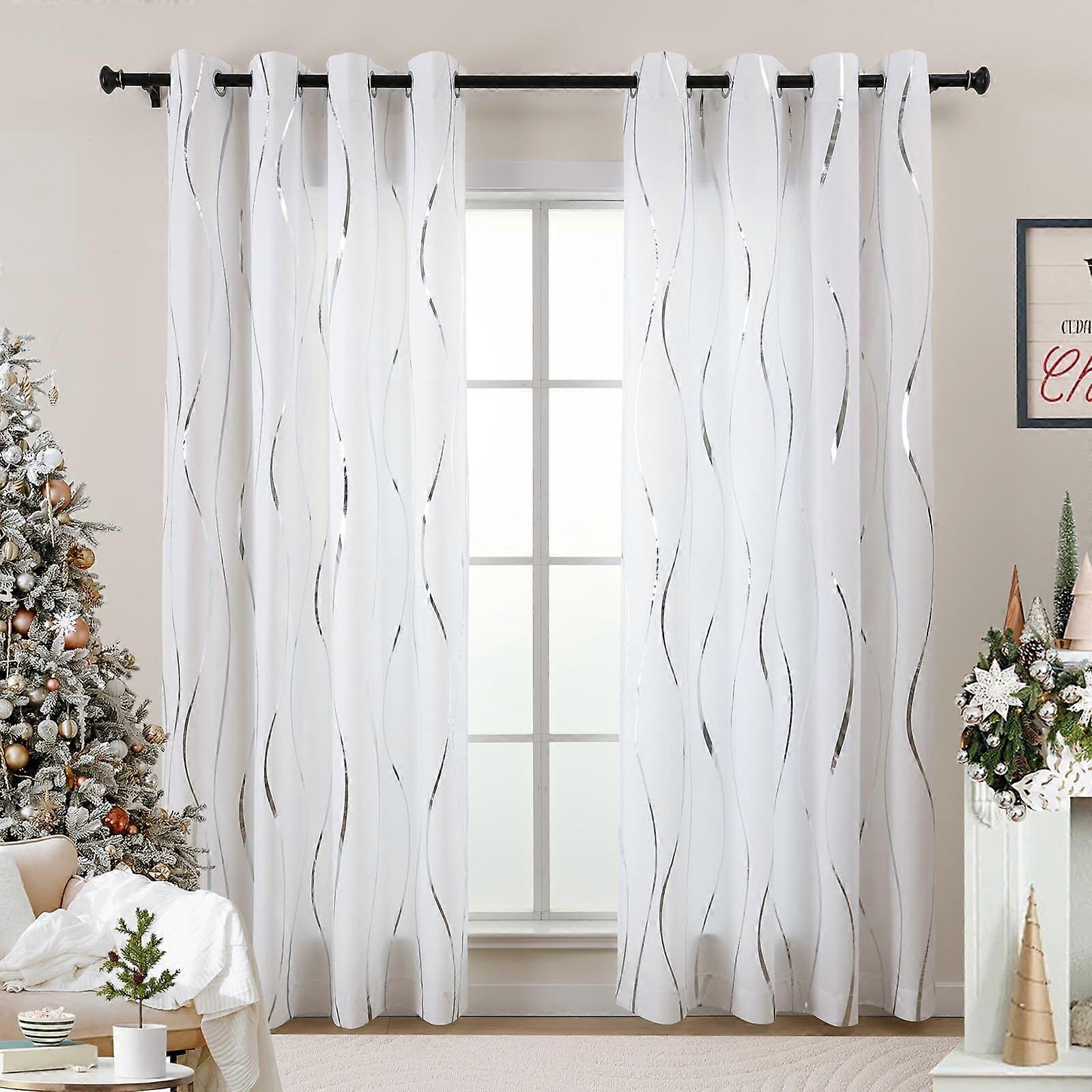96 Inch Long Light Filtering Privacy Curtains Ombre Design Grommet  White 2 Panels