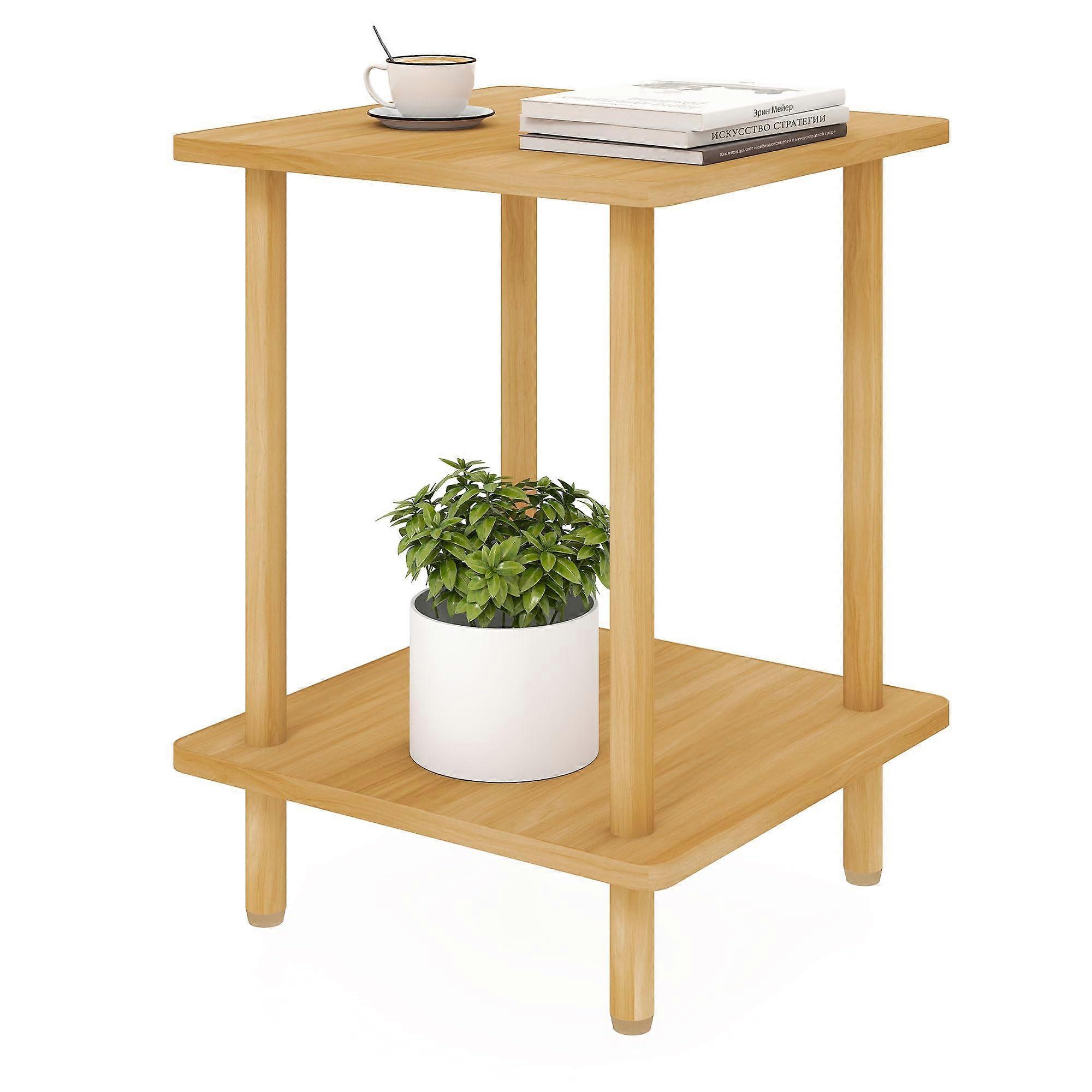 2 Tier End Table with Storage, Solid Wood Side Table for Living Room and Bedroom, Modern Design