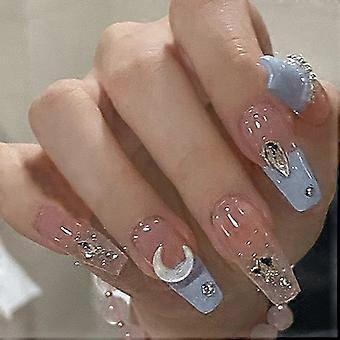 Long Coffin Press On Nails Light Blue Rhinestone Moon Design Fake Nails with Glue for Women