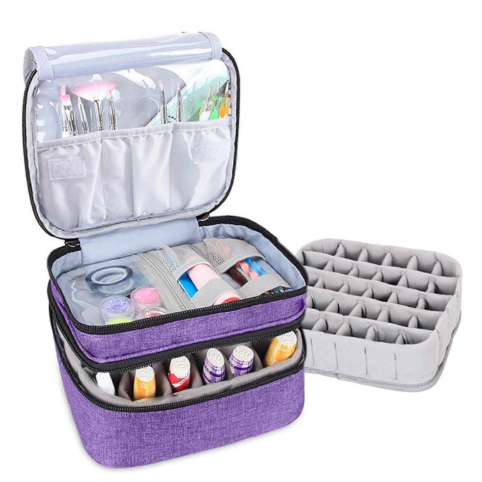 Nail Polish Organizer Case Double Layer 60Bottle Capacity with Compartments and Tool Pockets