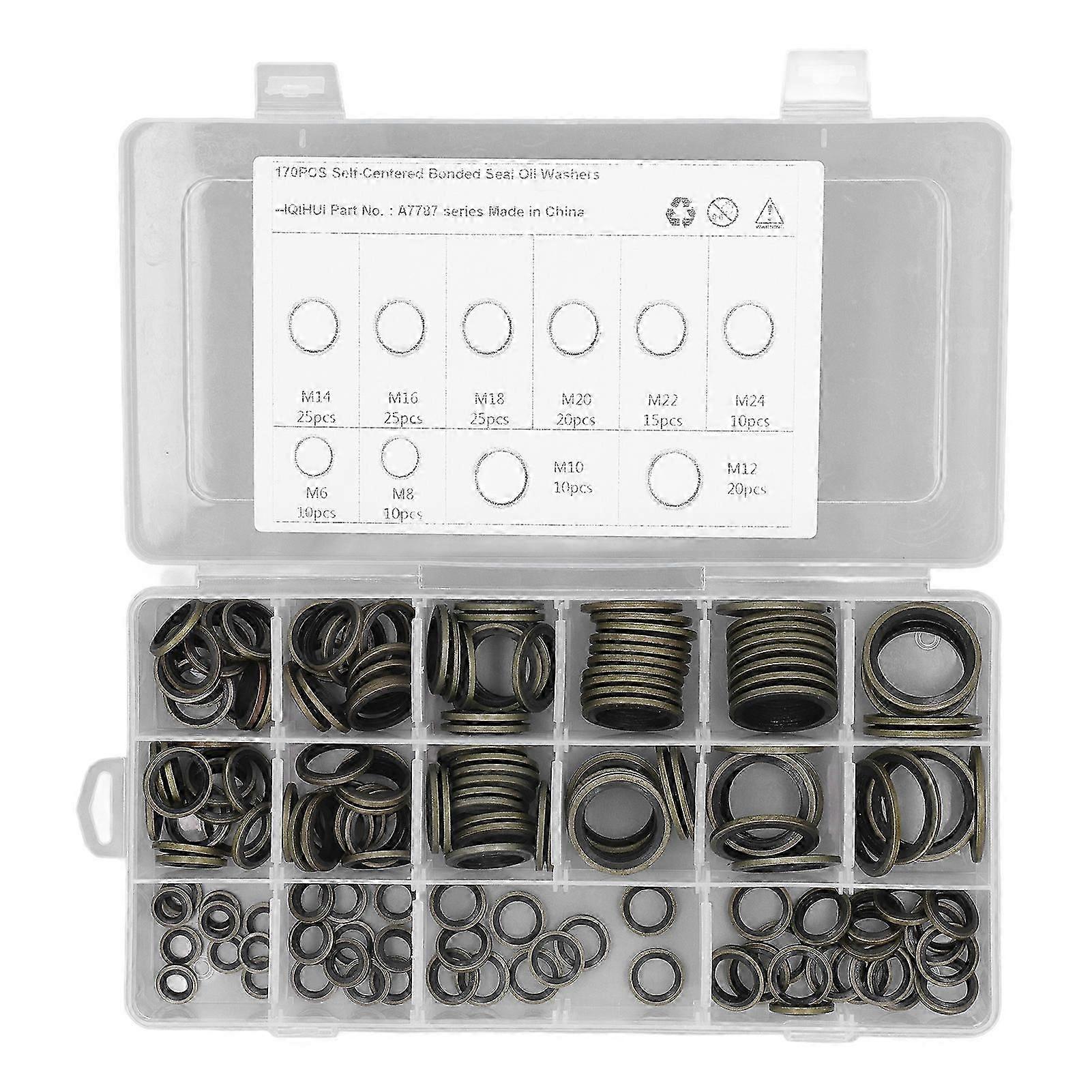 170PCS Drain Plug Gasket Set with Storage Box 10 Sizes Rubber & Metal Replacement