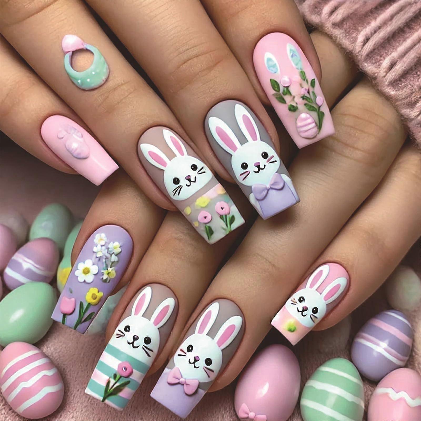 24pcs Easter Press On Nails Short Square Glossy Acrylic Fake Nails with Cute Rabbit Design