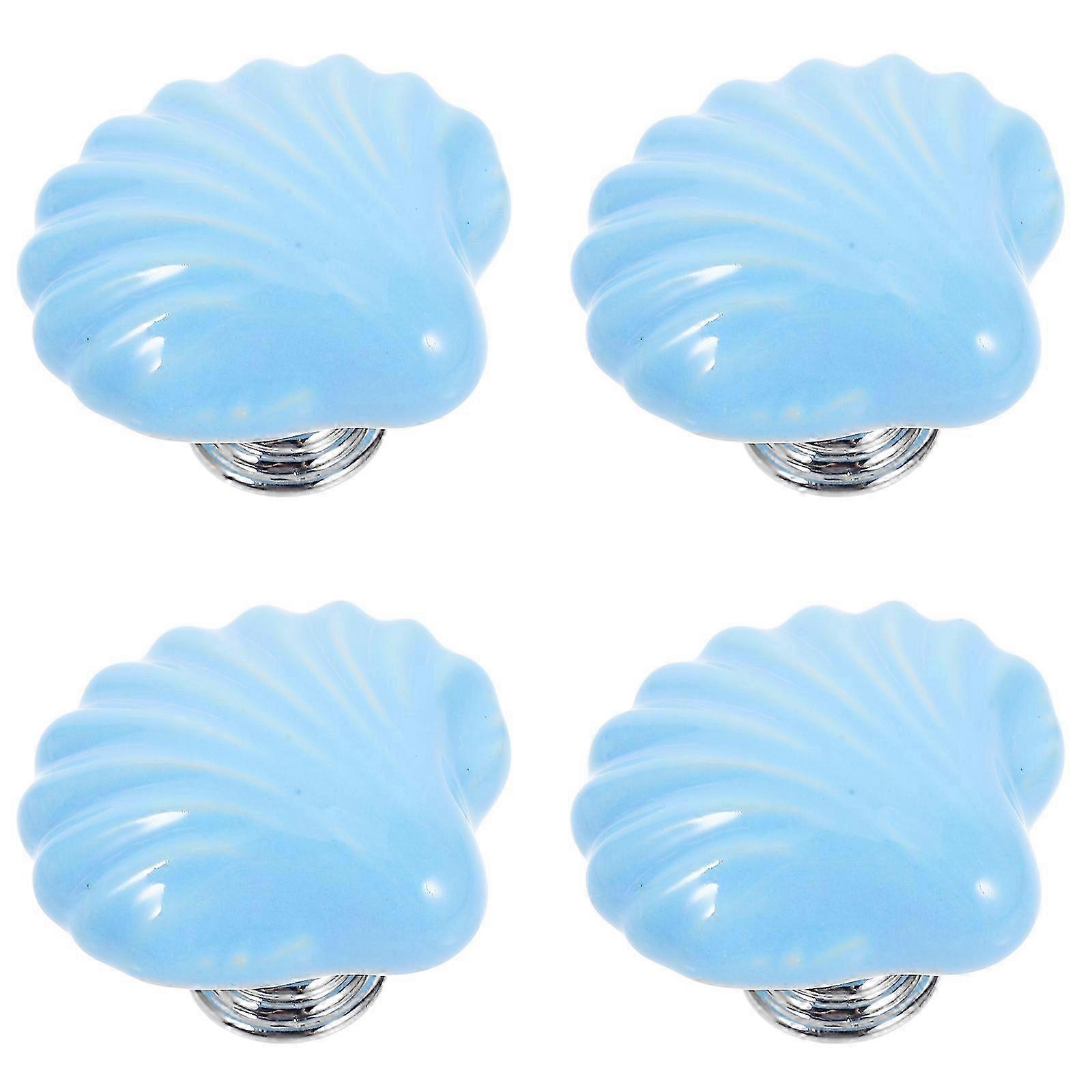 4pcs Ceramic Shell Knobs Sea Style Pull Handle Unique Door Knobs Funiture Door Handles compatible with Cabinet Drawer (Blue)