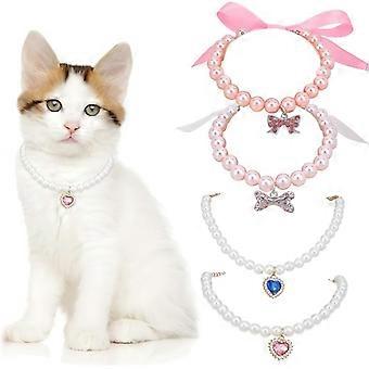 4Styles Dog Cat Pearl Collar Necklace Jewelry Beaded Collar with Ribbon and Cubic Zirconia Heart Bone Collar Accessories for Small Cat Dog Accessories