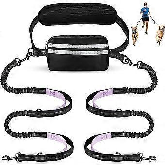 Hands-Free Dog Leash 1-to-2 with Waist Bag, Reflective Stripes, Adjustable Metal Clips for Walking and Running