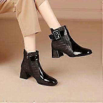 Høst Kvinner Ankel Boots Pu Leather Tykk High Heel Short Boots Winter Zip Square Toe Sko Lady Women Sko