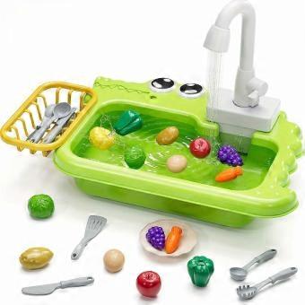 Crocodile Play Sink with Electric Faucet and Running Water, Pretend Play Dishwasher Set with Floating Pool Toys and Fishing Game for Kids