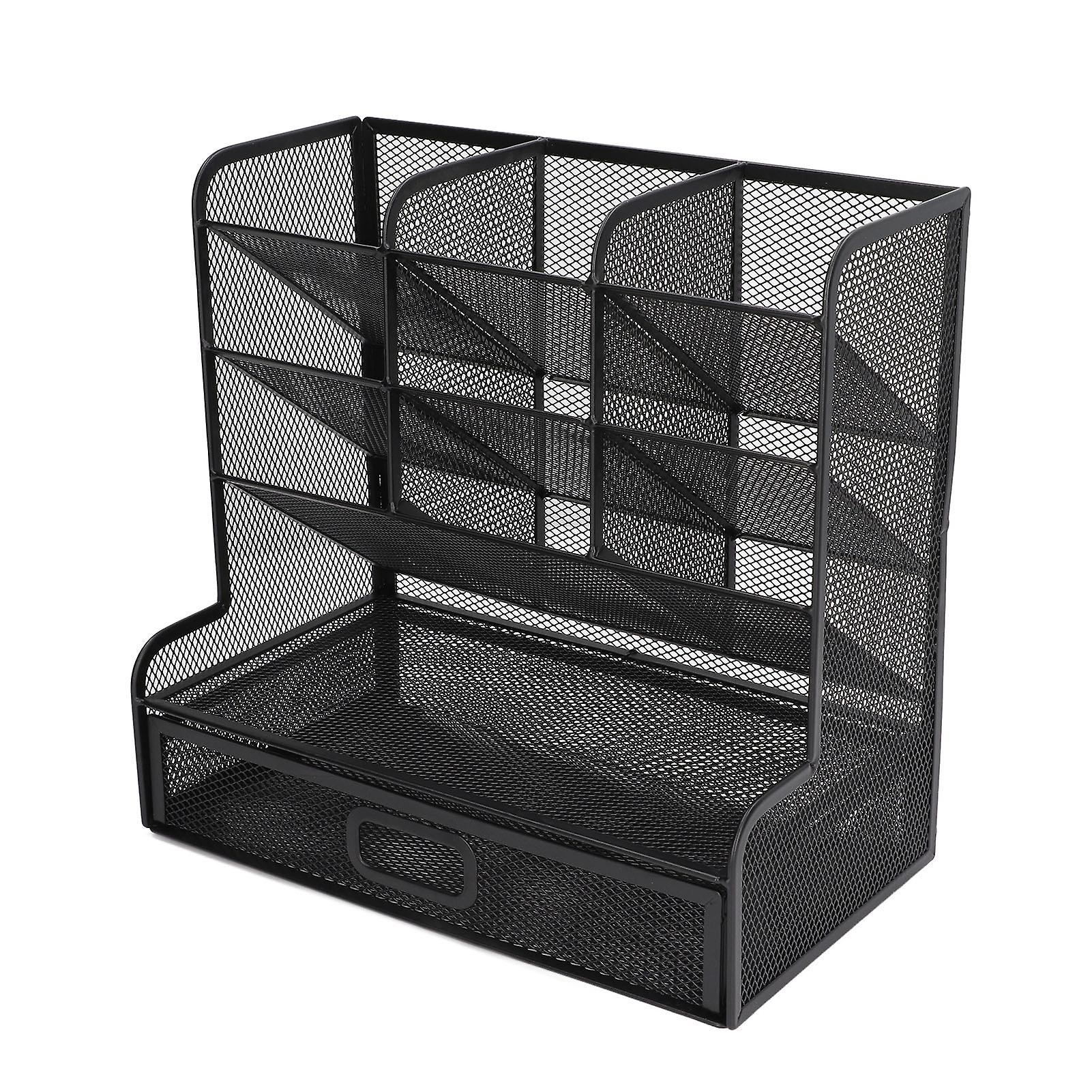 Organizer per penne a rete inclinabile, 9 scomparti, cassetto inferiore, struttura verticale nera, portamatite a rete prospettica