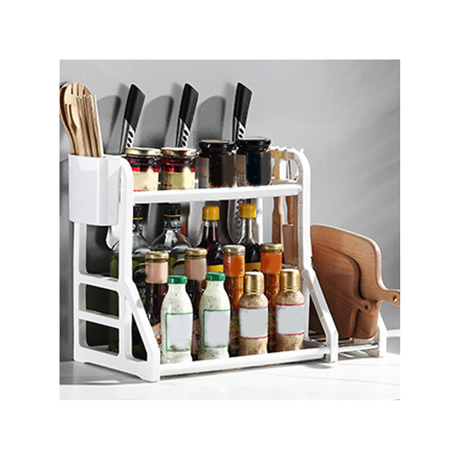 Kitchen Storage Rack Moveable Corner Shelf Spice Rack Double Layers Multifunctional Knife Stand White 