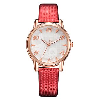Mode PU Cuir Bande Quartz Montre Chiffre Grand Rond Cadran Casual Montre Femme (Rouge)