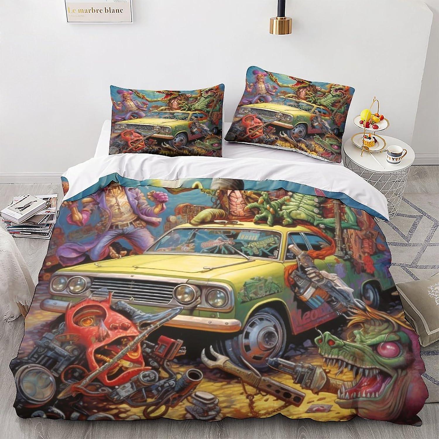 LikeEj Monsters نمط 3D الطباعة الرقمية خمر السيارات مجموعات الفراش مجموعات غطاء لحاف طباعة الكرتون لينة ستوكات 3 قطع غطاء لحاف مع إغلاق سحاب