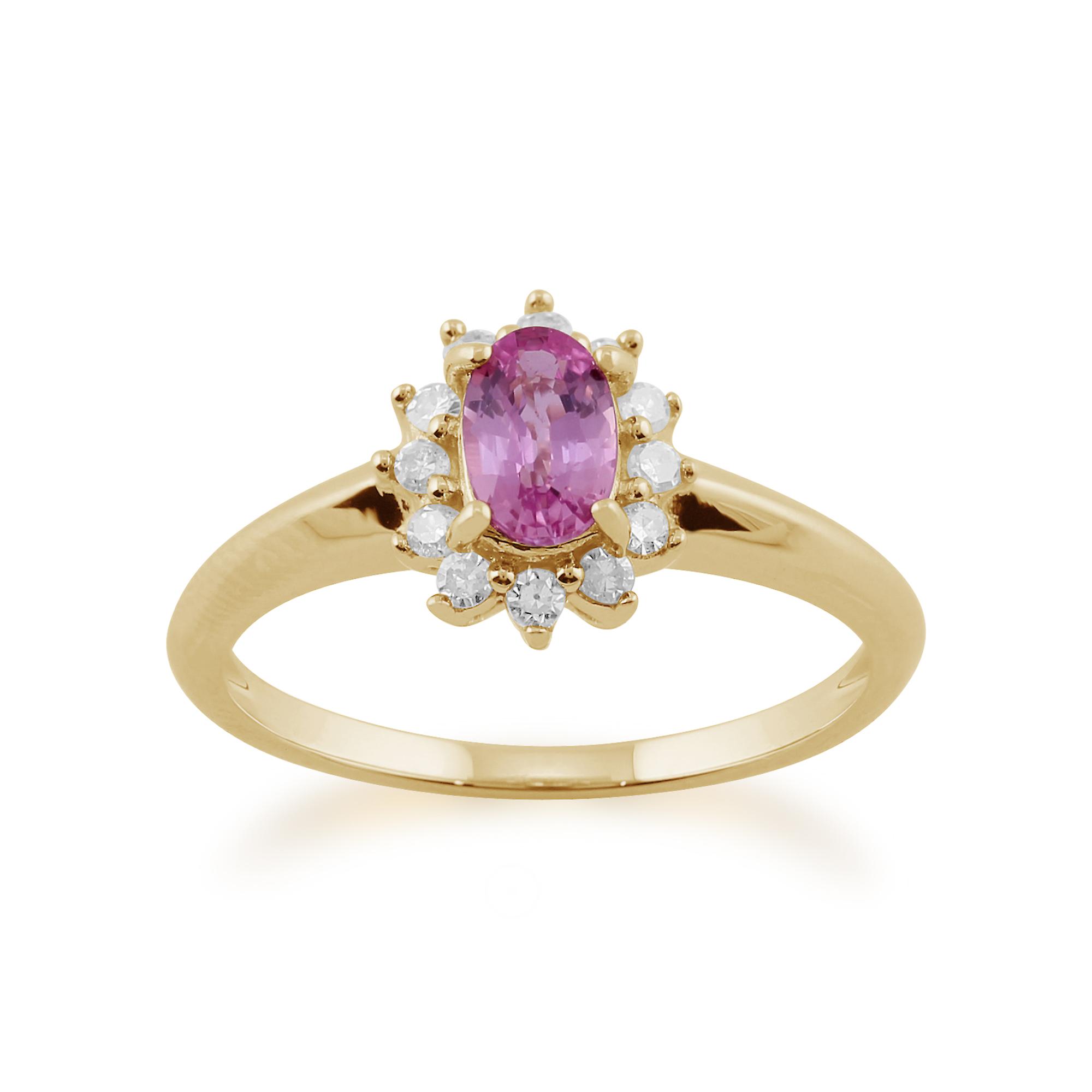 Bague classique ovale saphir rose et grappe diamant en or jaune 9ct 183R1850069