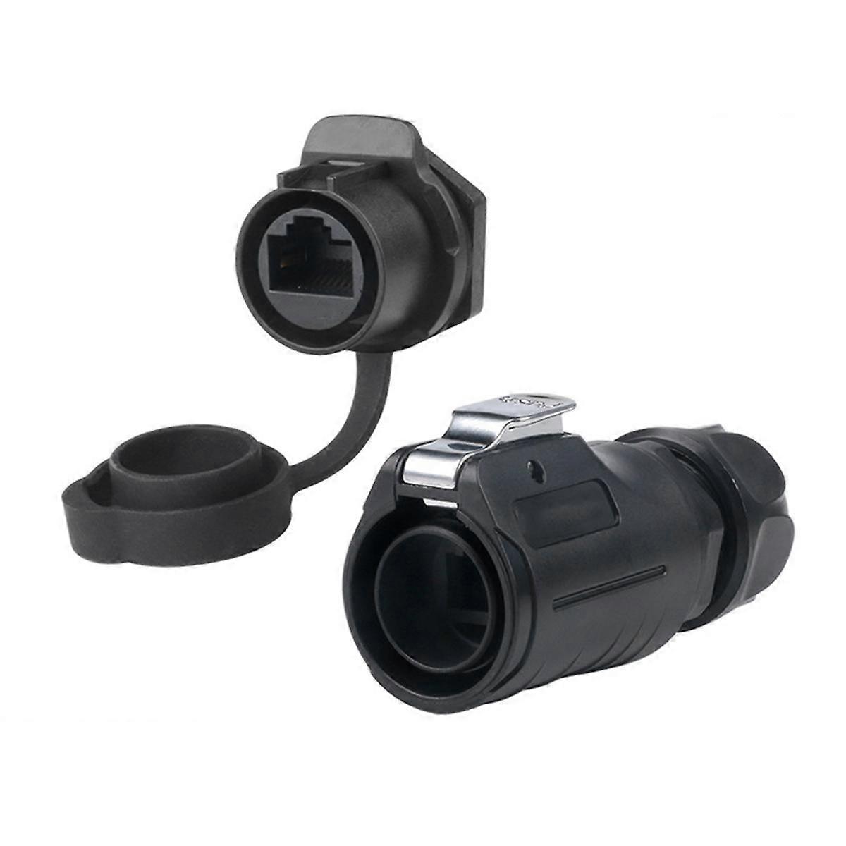 LP-20 RJ45 Connector Set IP68 Waterproof CAT6 RJ45 Panel Mount Socket Plug Network Cable Adapter Black