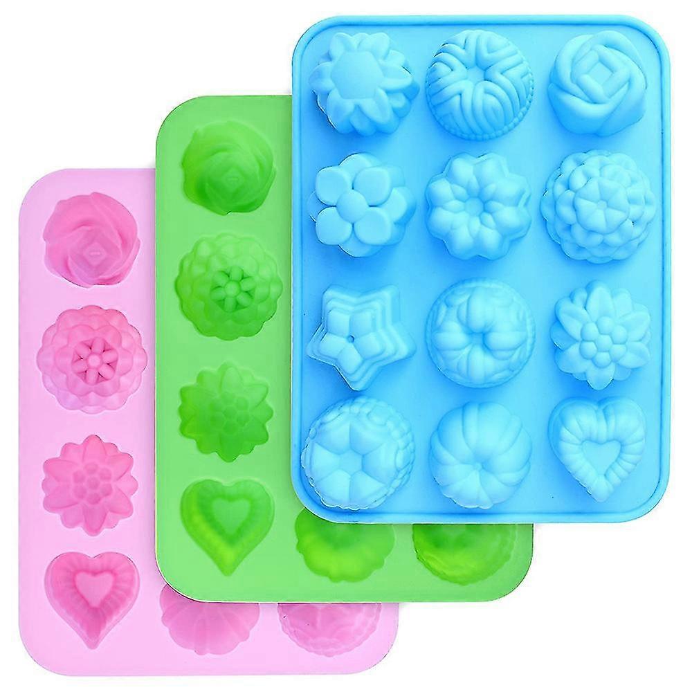 3 Pieces Set Of Silicone Flower S In Food Quality, Baking With Flowers And Heart Shape, For Chocolate, Candy, Jelly, Ice Cubes (pink, Blue An