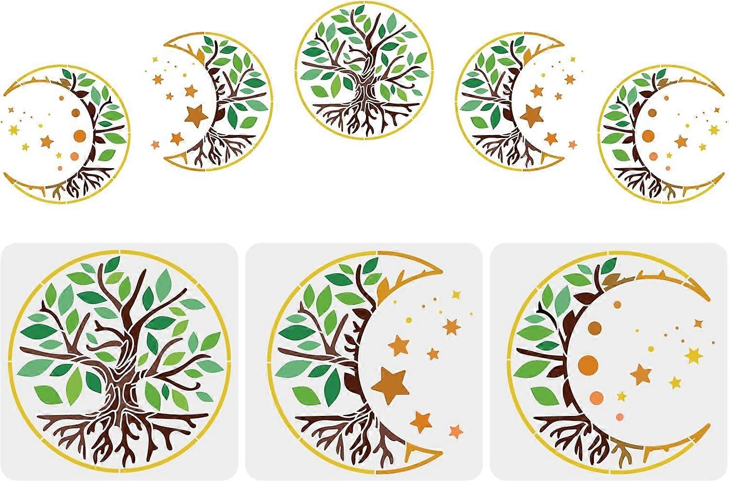 3 Pcs Tree of Life Stencil 11.8x11.8 inch Moon Phase Stencil Plastic Moon Star Stencil Reusable Tree Moon Pattern Stencils for Painting on Wood Floor