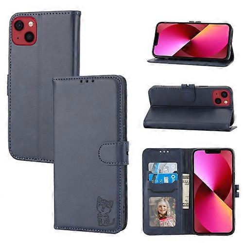 For iPhone 15 Embossed Happy Cat Pattern Flip Leather Mobile Phone Case