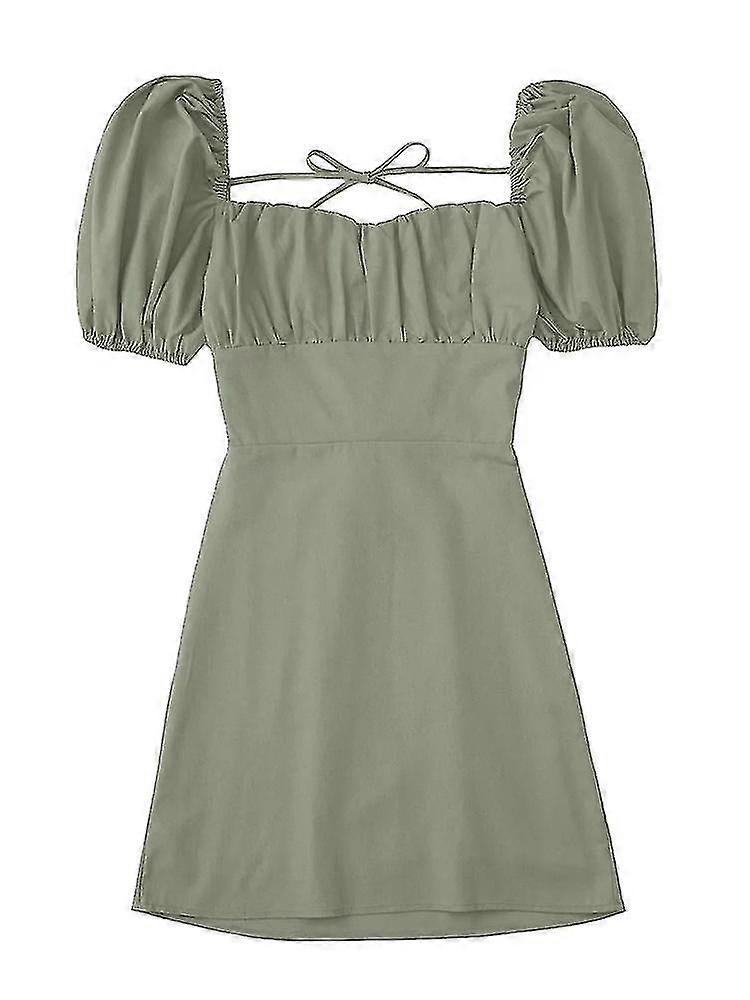 Kadın Beyaz Moda Keten Karışım Elbise Kadın Kare Boyun Kısa Puf Kollu Sırtsız Crossover Kayışlar Kadın İçin Elbise