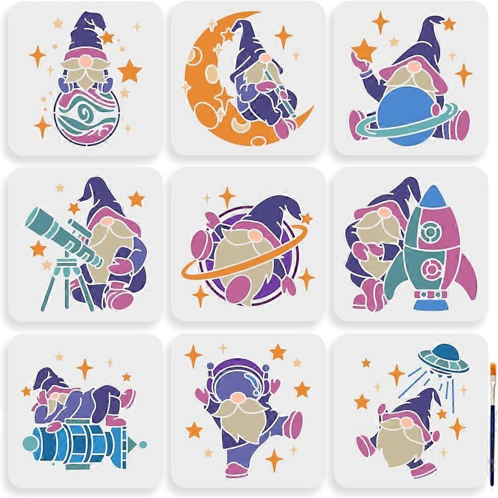 9pcs Astronaut Gnome Stencils 7.87.8inch Large Space Theme Gnome Stencil with Paint Brush Planet Moon Telescope Rocket UFO Template for Wood Canvas Wa