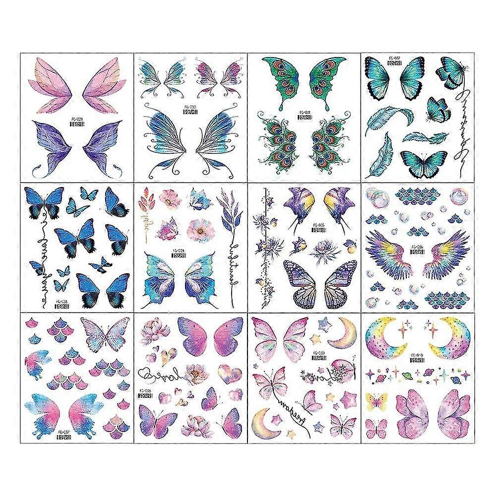 12 ورقة فراشة الوشم مؤقت للأطفال عيون النساء تشكل ملصقات الوشم الوجه للماء غالاكسي لهدايا الطرف