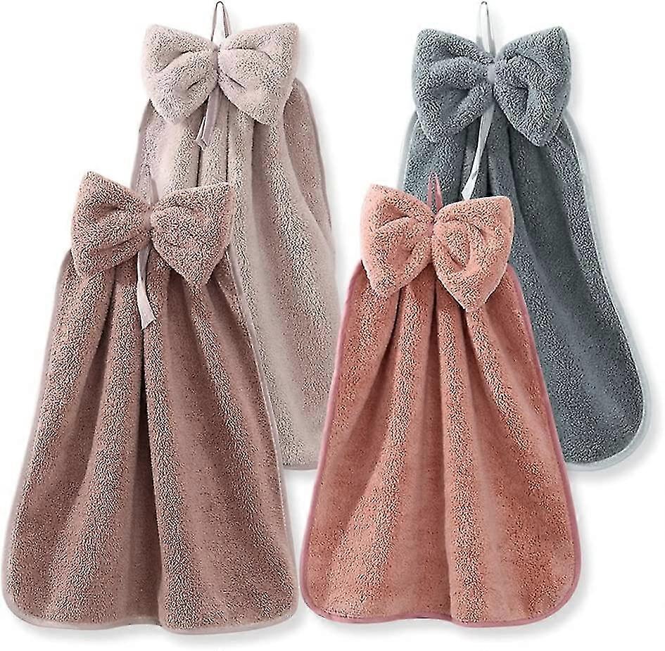 Pack Of 4 Hand Towels With Tie String, Coral Microfiber Hanging Loop, Cute Super Soft Absorbent Hand Towels.