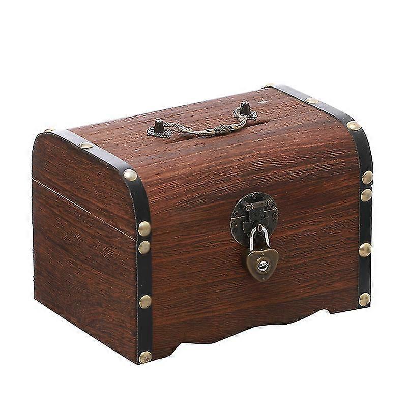 בנק חזירי תיבת אוצר מעץ, רטרו כסף בטוח מעץ מלא בעבודת יד עם מנעול ומפתחות, 1pcd-2