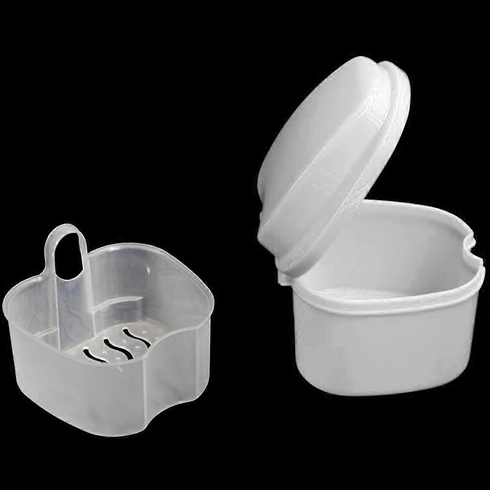 Denture Bath Box Can be Storage Denture or Clean Denture White False Teeth Storage Box with Hanging Net Container AG26 9X9X7CM