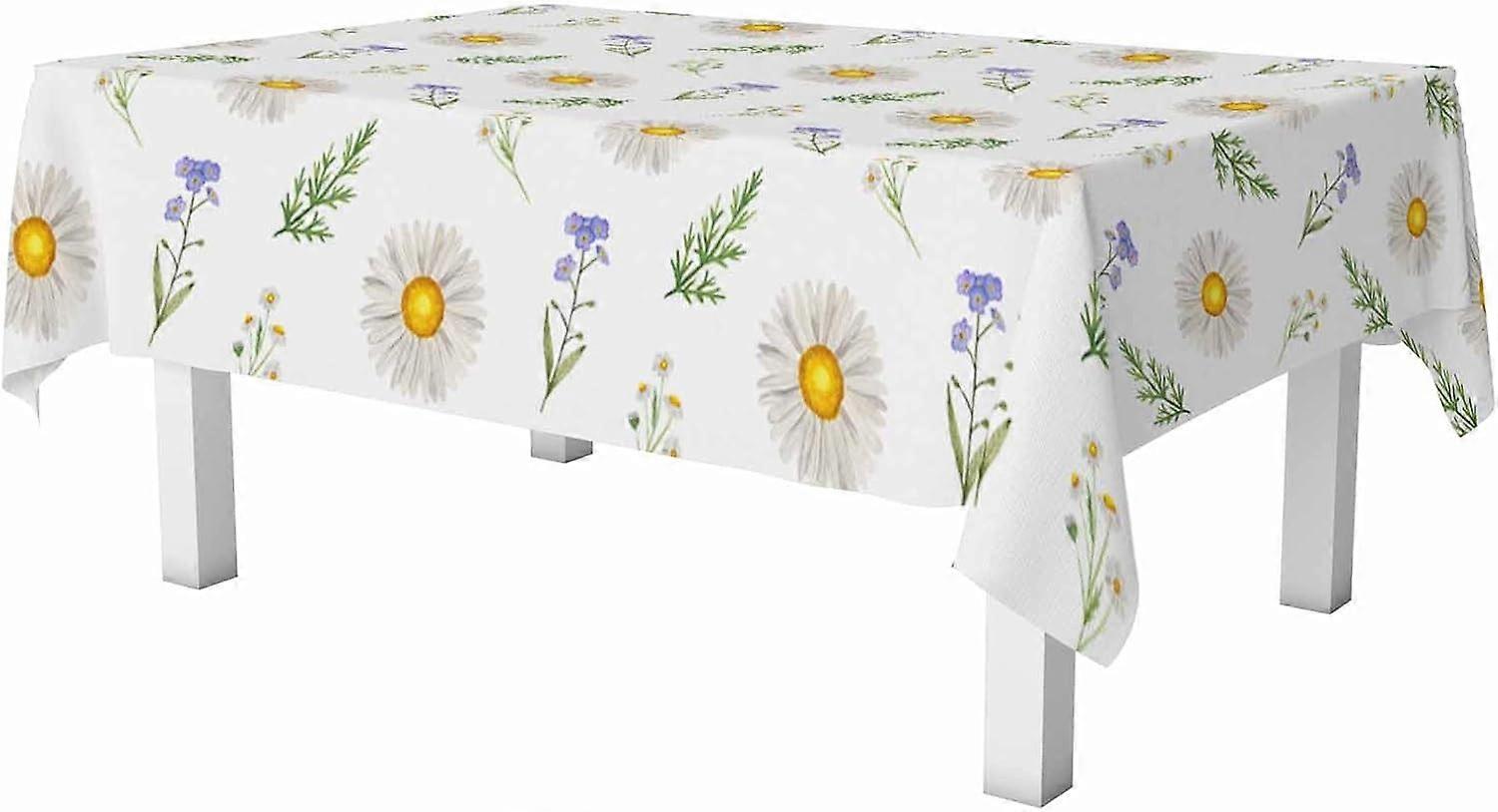 Watercolor Sunflower Rectangle Table Cloth Wild Meadow Flower Chamomile Branches and Leaves Wipeable Waterproof Tablecloths Table Cover for Party Picn