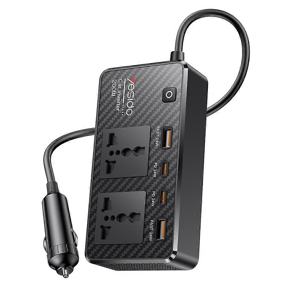 Type A YESIDO VC07 200W Highower Car Inverter Fast Charging Adapter with 2 AC + 2 USB + 2 Type-C