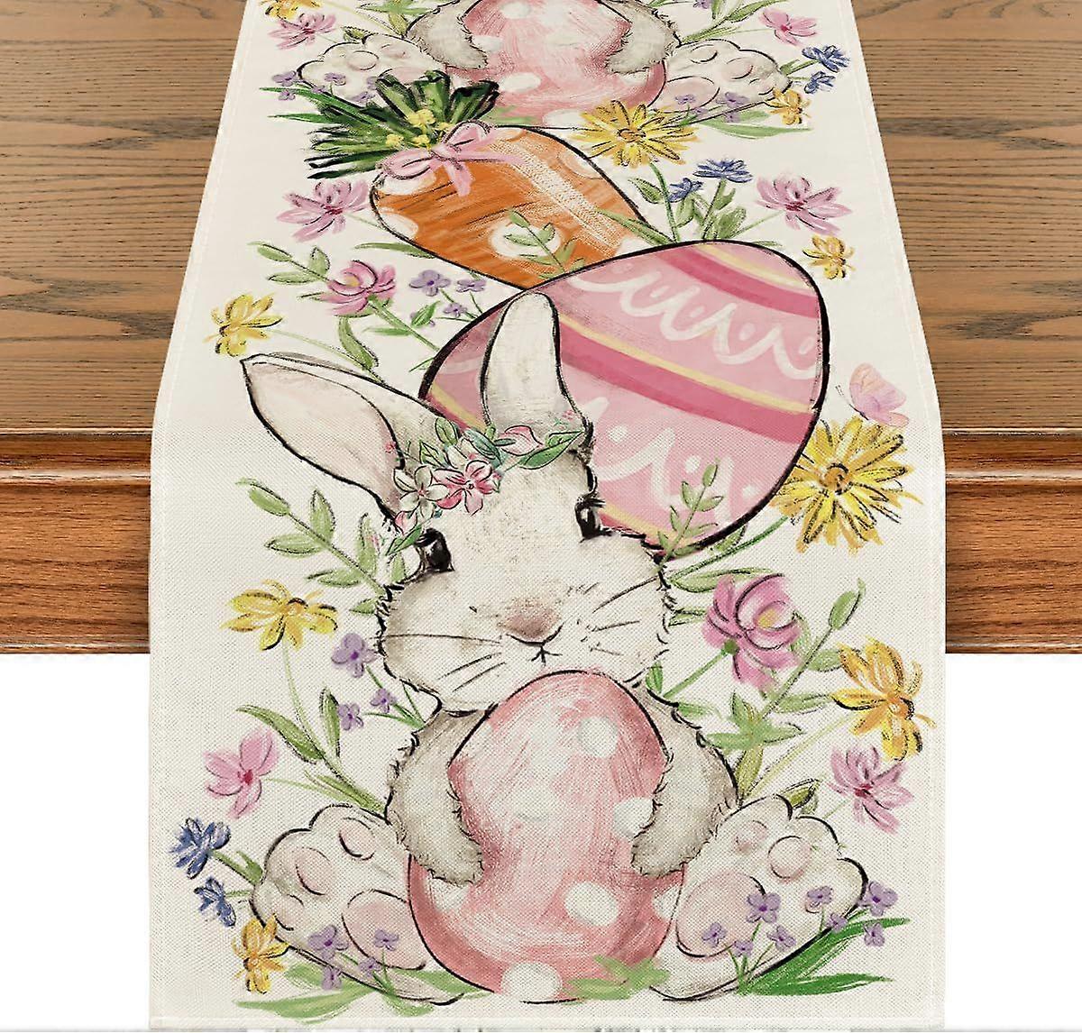 1 Pcs Easter Table Runner - Rabbit - Flowers - Carrots, Easter Eggs - Spring Kitchen Table Decoration, Indoor, Holiday, Party - 33x183cm