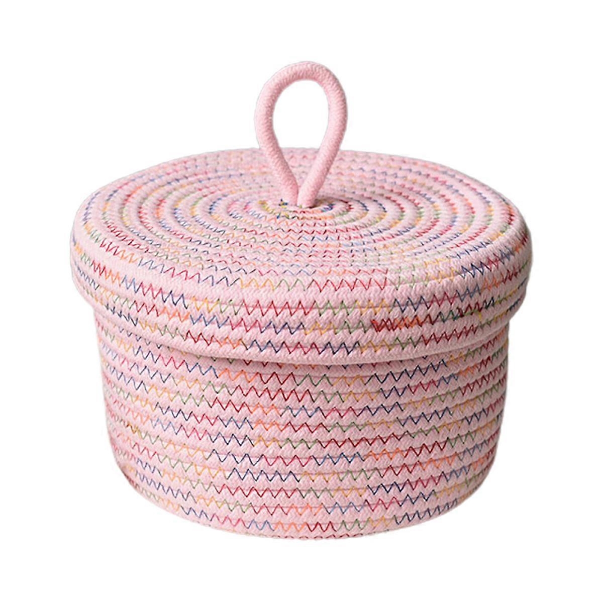 Containers with Lids Desktop Small Storage Basket Round Cotton Rope Woven Basket with Lid Home Organizing Box Decorative Woven Storage Bin Pink