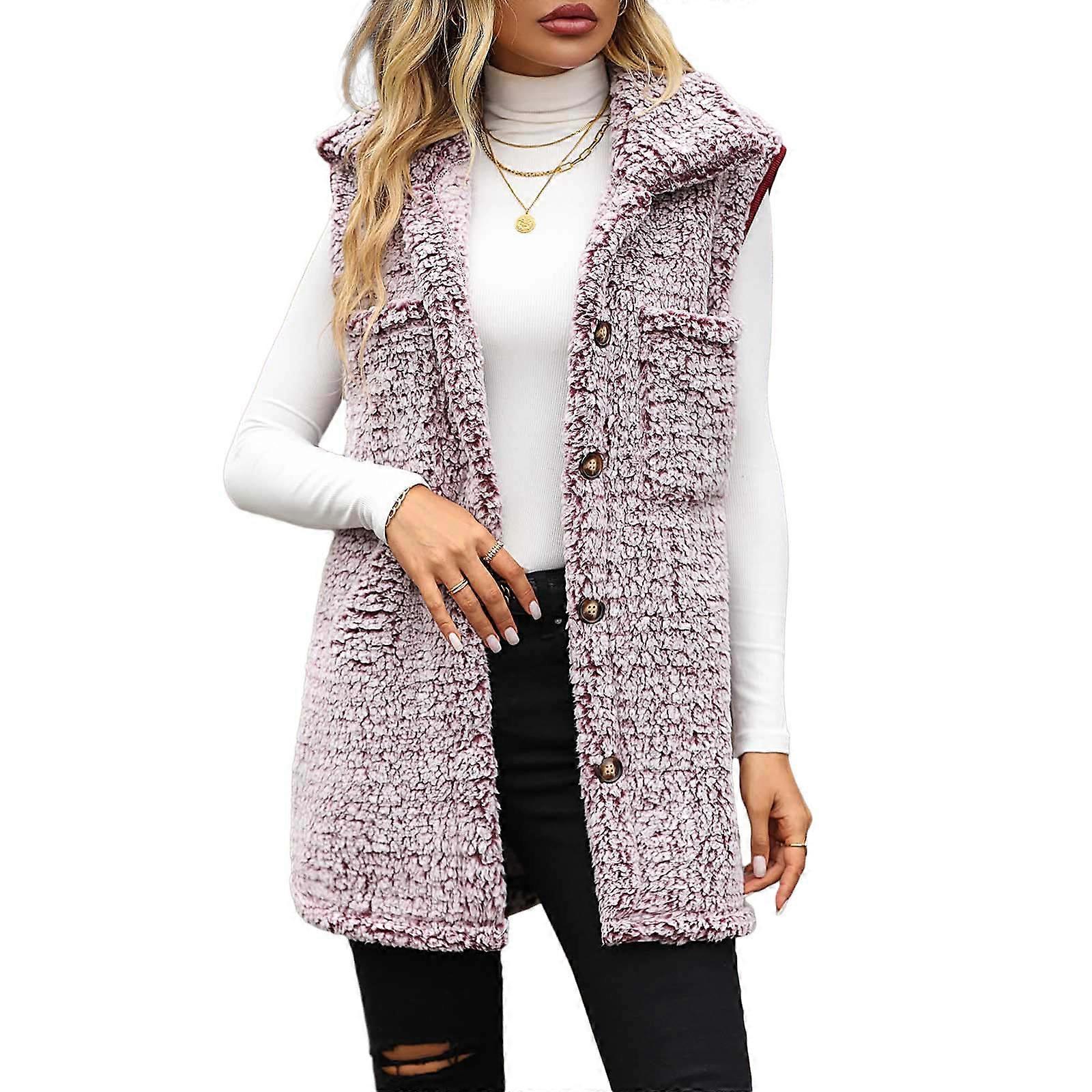 Womens Sleeveless Fleece Vest with Pockets Fuzzy Sherpas Vest Furry Button Down Jacket Warm Outerwear maroon red XL