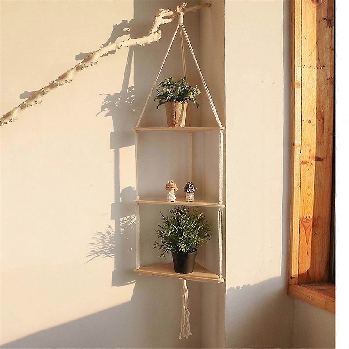3-tier Floating Wall Shelf Wood Triangle Corner Display Stand