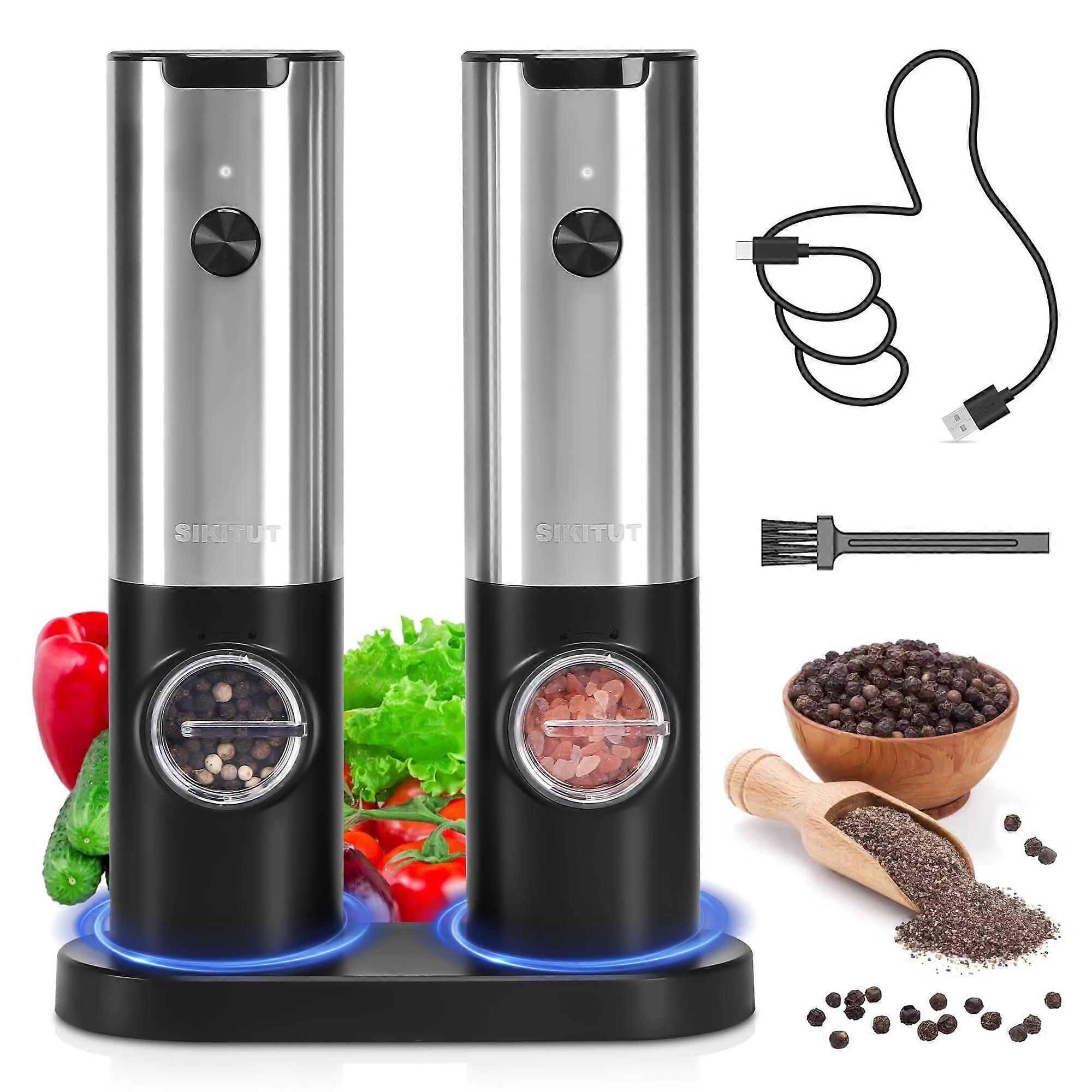 2 Pack Rechargeable Automatic Adjustable Salt and Pepper Grinder Set for One-Handed Operation with LED Light