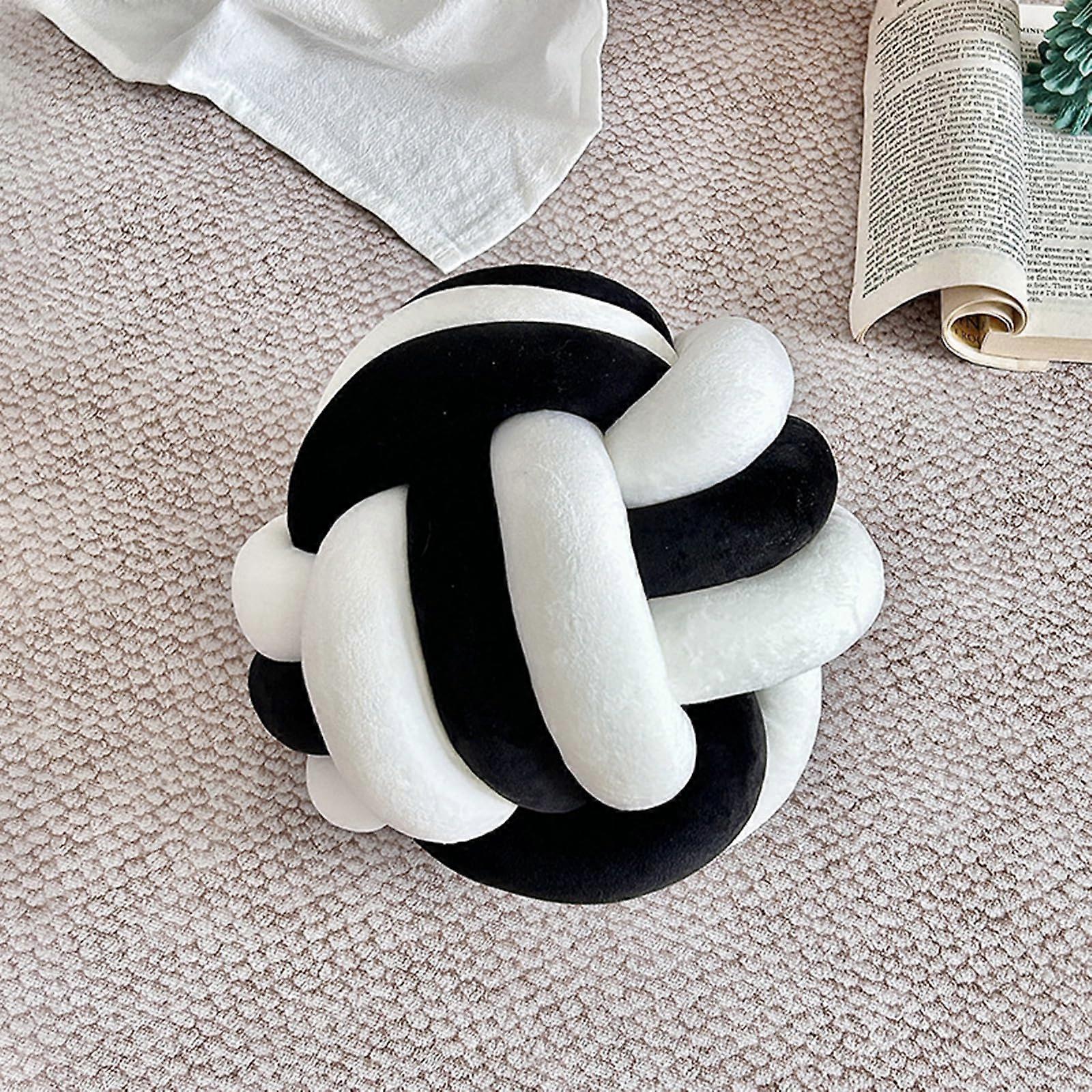 Knot Pillow Ball 8.7-Inch Diameter Round Boucle Pillow, Handmade Knotted Plush Decorative Throw Pillow, White and Black