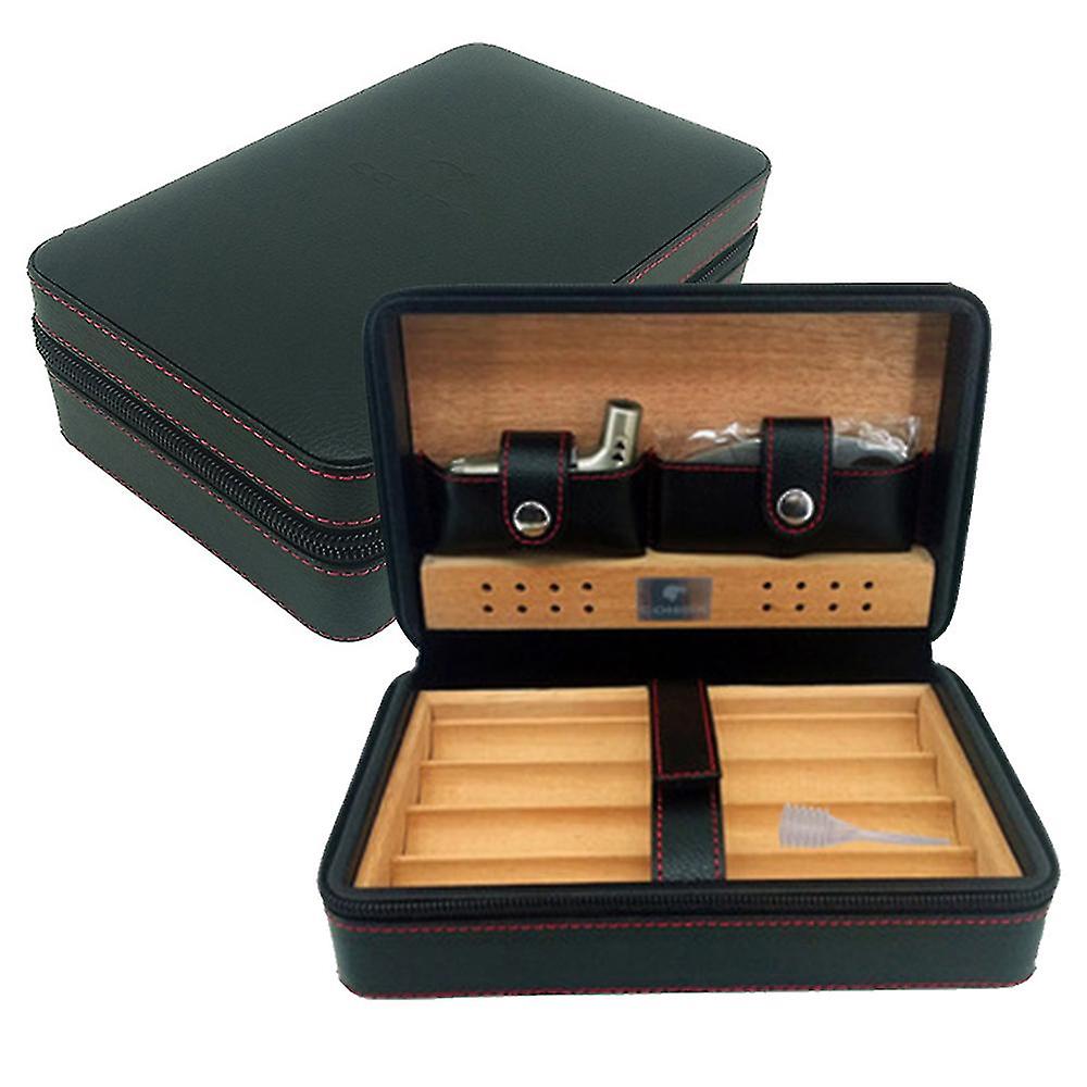Piele de turism Trabuc Humidor cauza, lemn de cedru portabil cu umidificator umidificator pentru 4 trabucuri