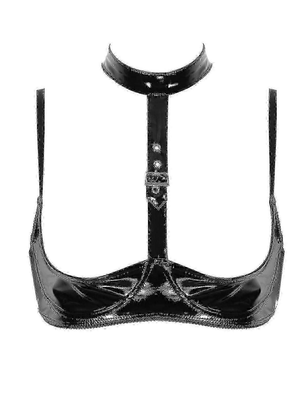 Otwoo Womens Wet Look Patent Läder BH Underkläder Halter Halta Halta Hals Öppna Bröst Underkläder Bralette Underkläder Öppna Kupor Trådlösa Hylla BH Top