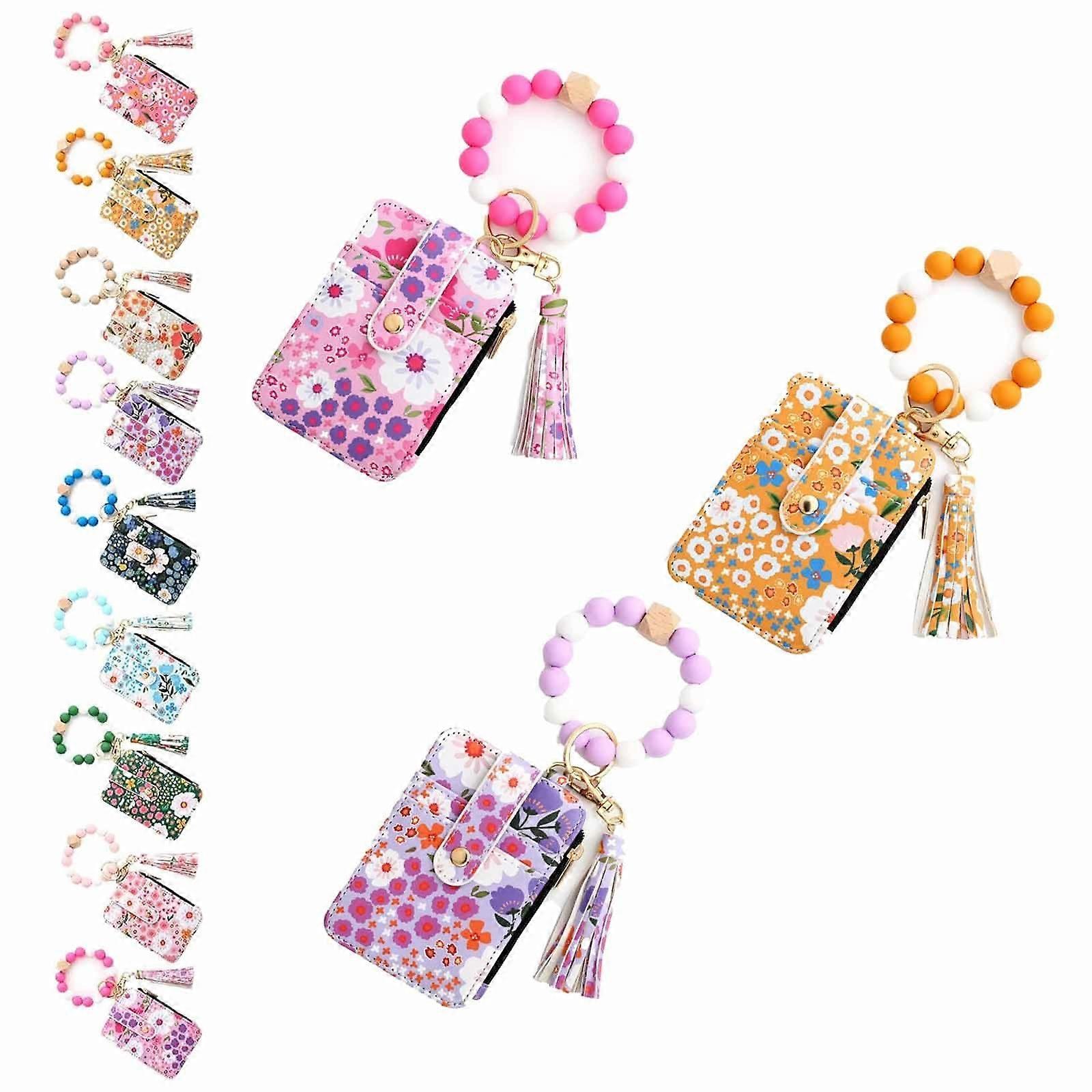 Women's Boho Beaded Wallet With Tassel Keychain, Flower Pattern Bracelet Wallet
