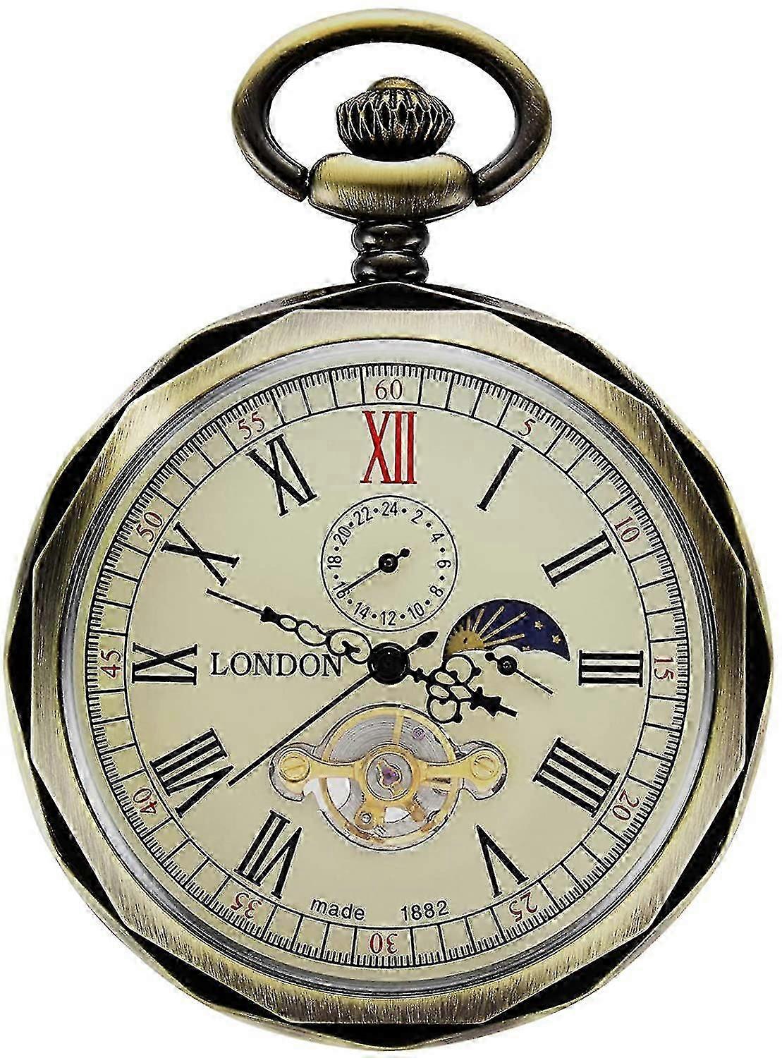 Pocket Watch With Chain Men's Analogue Manual Winding 24 Hours Sun Moon Display