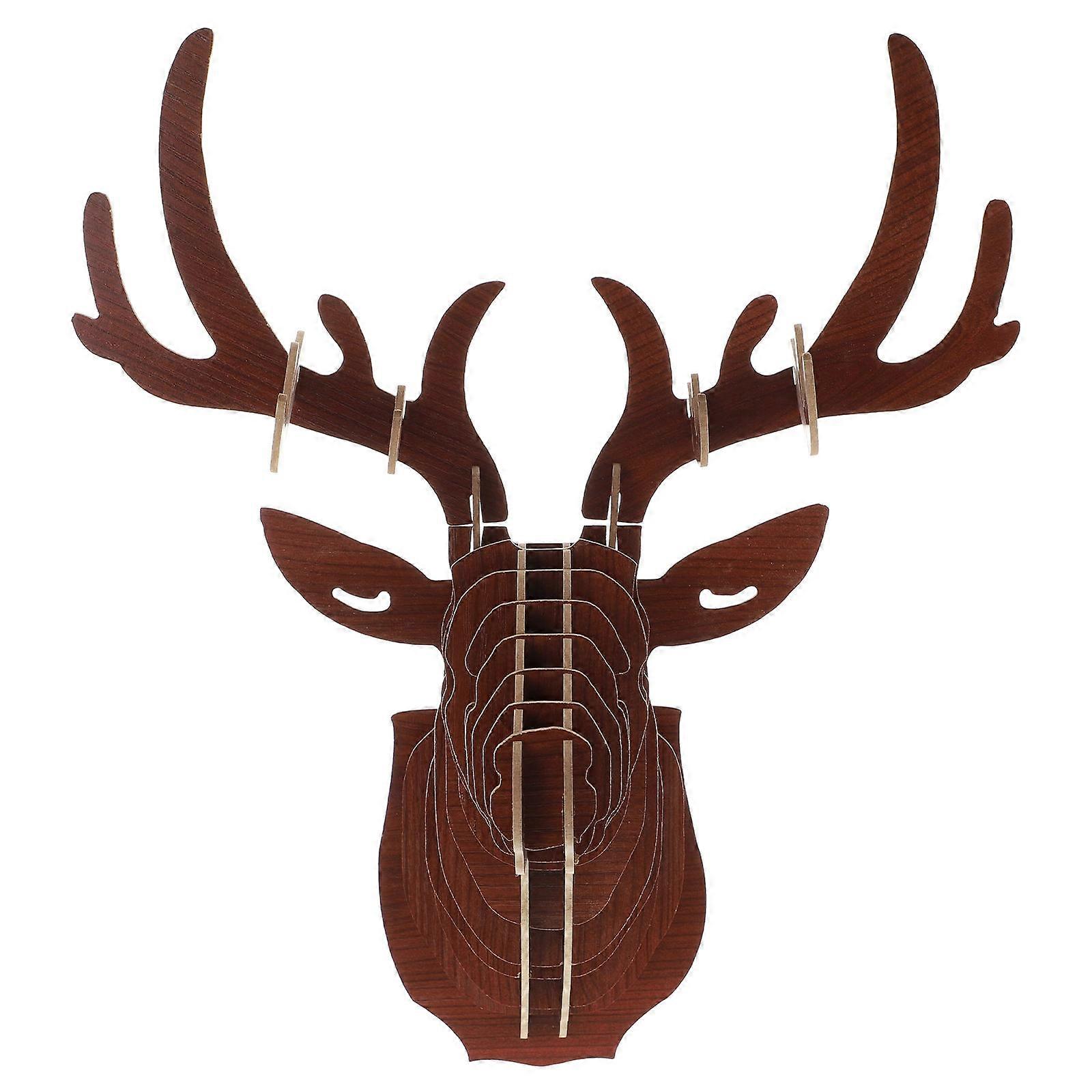 Wooden Deer Head Wall Hanging Sculpture in Walnut – Unique DIY Adornment with Antler Rack and Instruction Guide for Relaxing Spaces