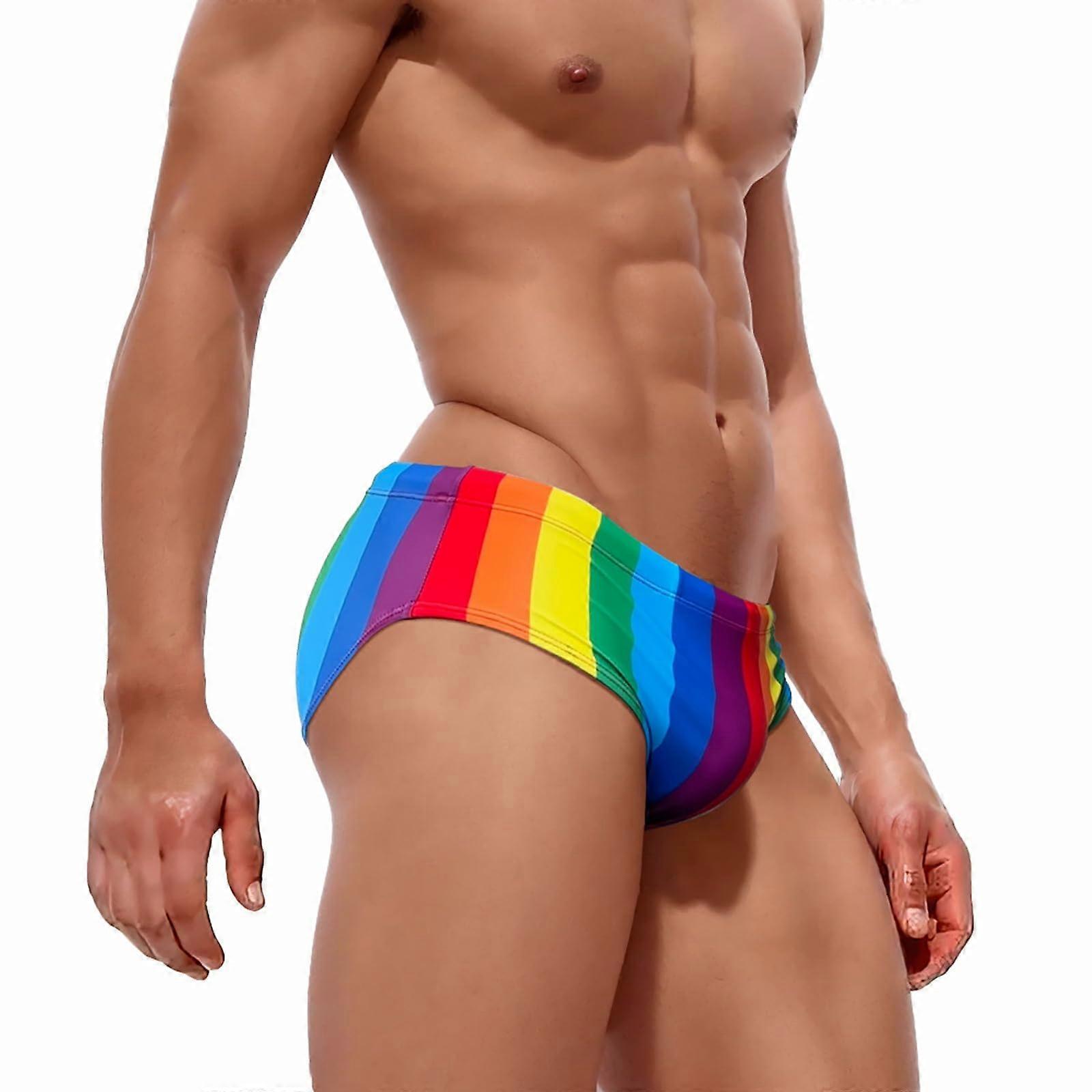 Men's Swimming Briefs Striped Multicoloured Low Rise Mini Trunks With String Tangs Size L Pride Month