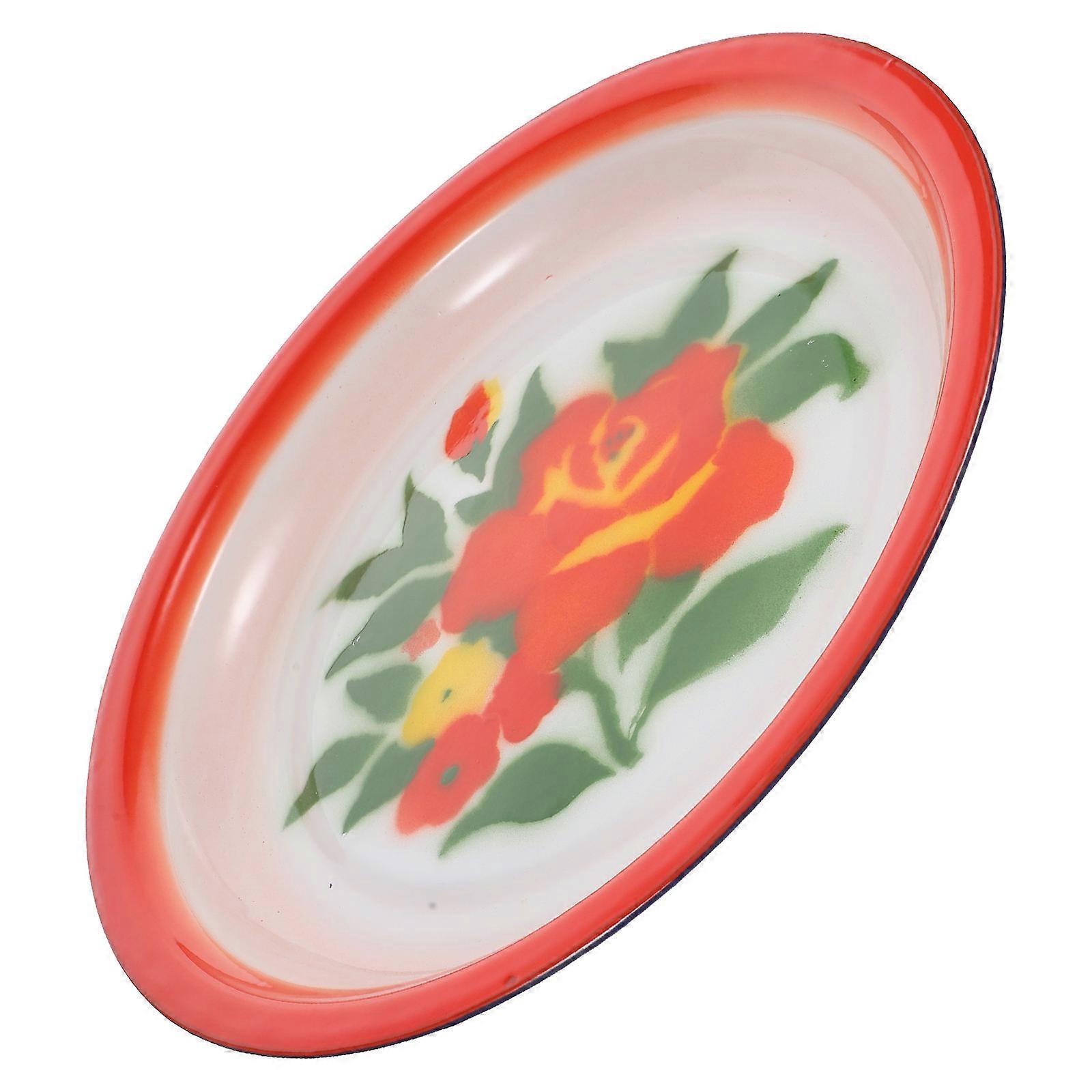 Enamel Food Plate with Delicate Chinese Design for Storage Multi Color Round Snack Tray 10.5 inches