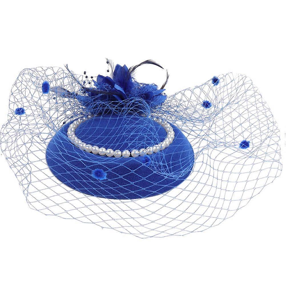 Elegant Pearl Embellished Fascinator Headband for Brides, Vintage Style Wedding Hat with Tulle Design, Lightweight and Comfortable Headpiece, Blue