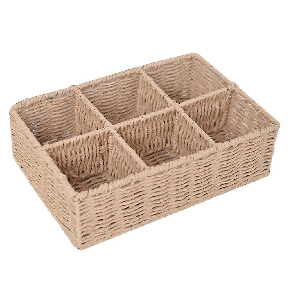 Stylish Woven Basket Organizer with Compartments for Home Storage – Holds Cosmetics, Snacks & Miscellaneous Items – Khaki Design for Bedroom, Living