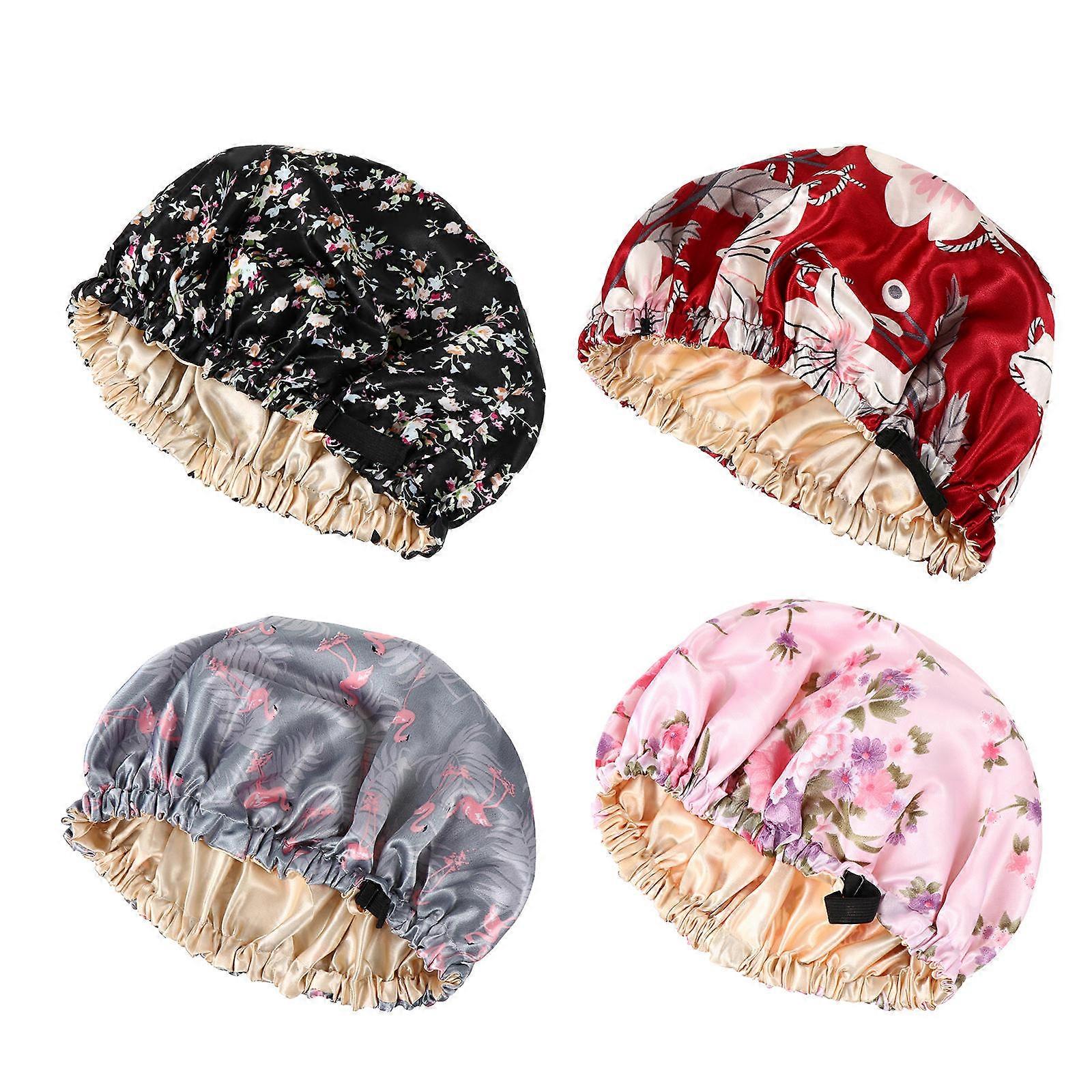 Adjustable Satin Double Layer Shower Cap Set for Women – Floral, Grey, Flamingo, Wine – Keeps Hair Dry While Sleeping or Bathing